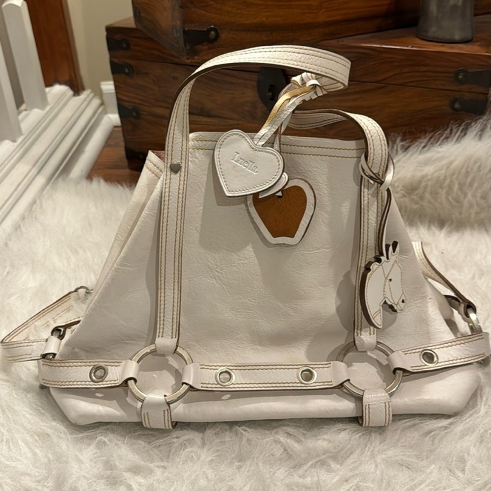 Large white Luella leather tote bag w horse apple heart bag charms circa 2000's - Picture 2 of 9